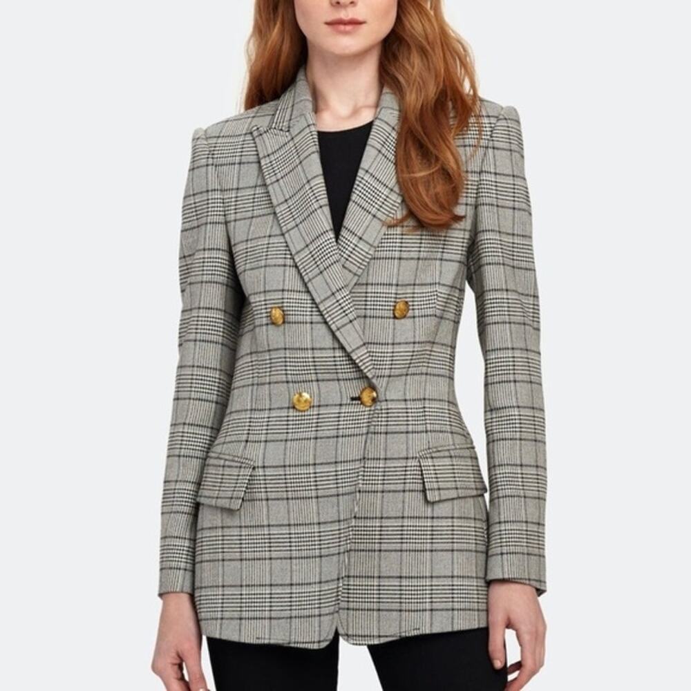 ALC Sedgwick II Glen Check Double Breasted Blazer Gray Black Gold Button Size 10